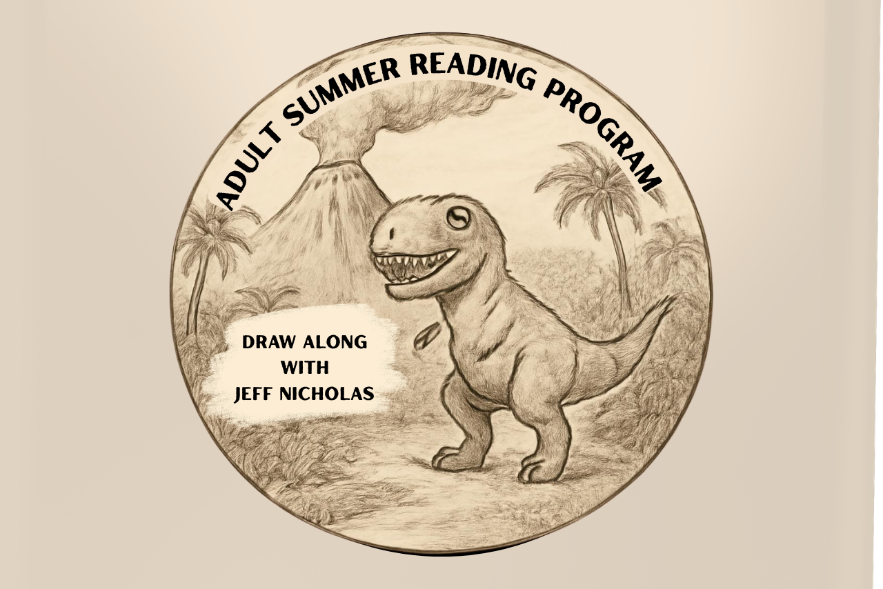 A pencil drawn T-Rex with trees and a volcano in the background. 