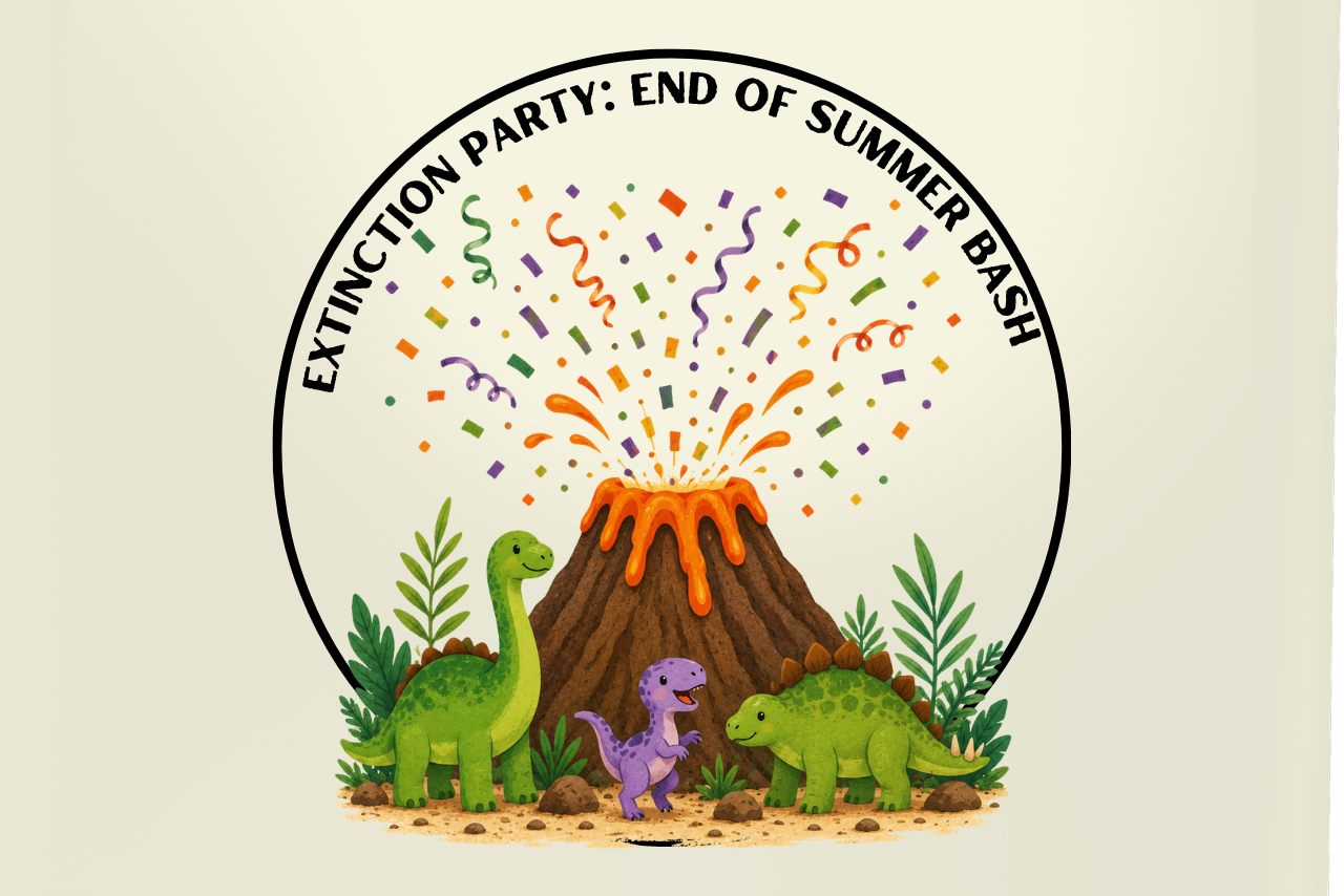 A volcano erupting confetti with dinosaurs.