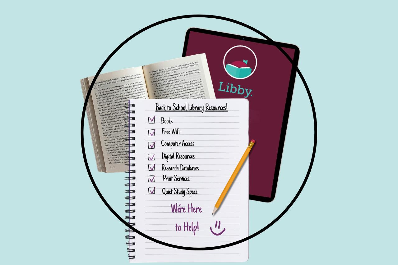 A library resource checklist with an open book and tablet featuring Libby. 