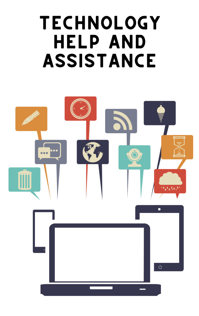 Technology help and assistance graphic showing tech icons in speech bubbles above a laptop, tablet, and smartphone.