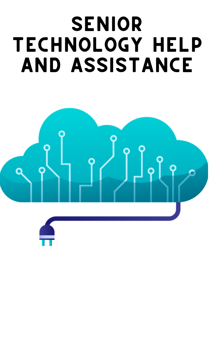 Senior technology help and assistance graphic with cloud and plug symbol.